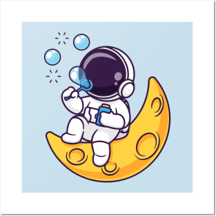 Cute Astronaut Blowing Bubble On Moon Cartoon Posters and Art